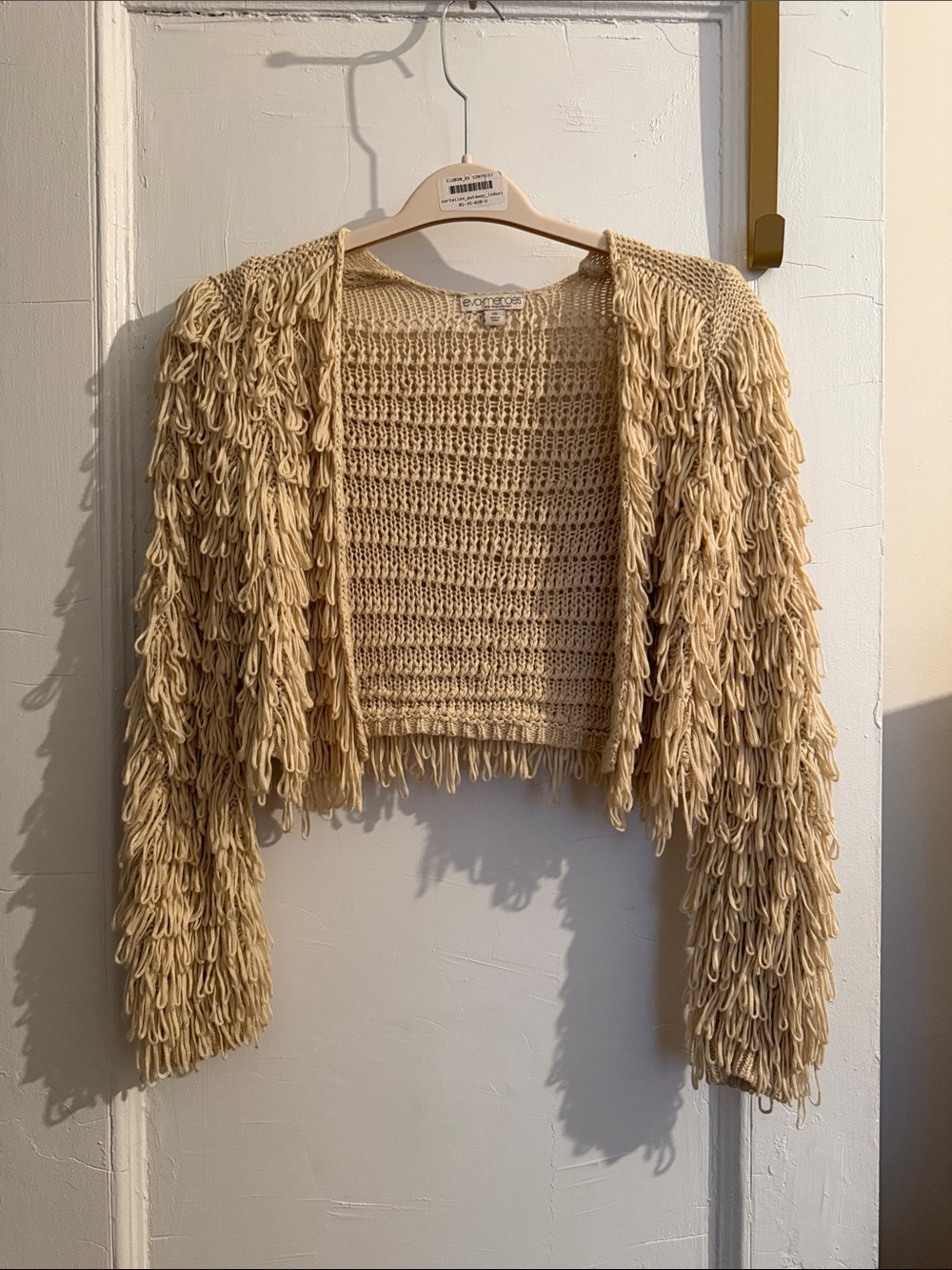eva mendes for New York & Company Cream Loop-Fringe Cropped Cardigan